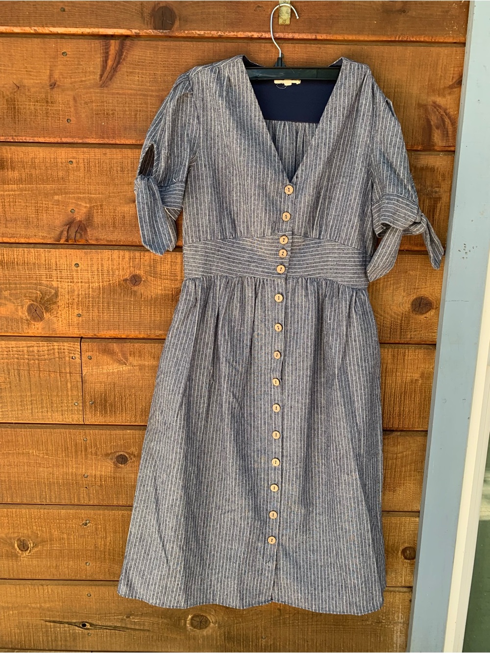 Striped Navy Button-Front Midi Dress with Waistband